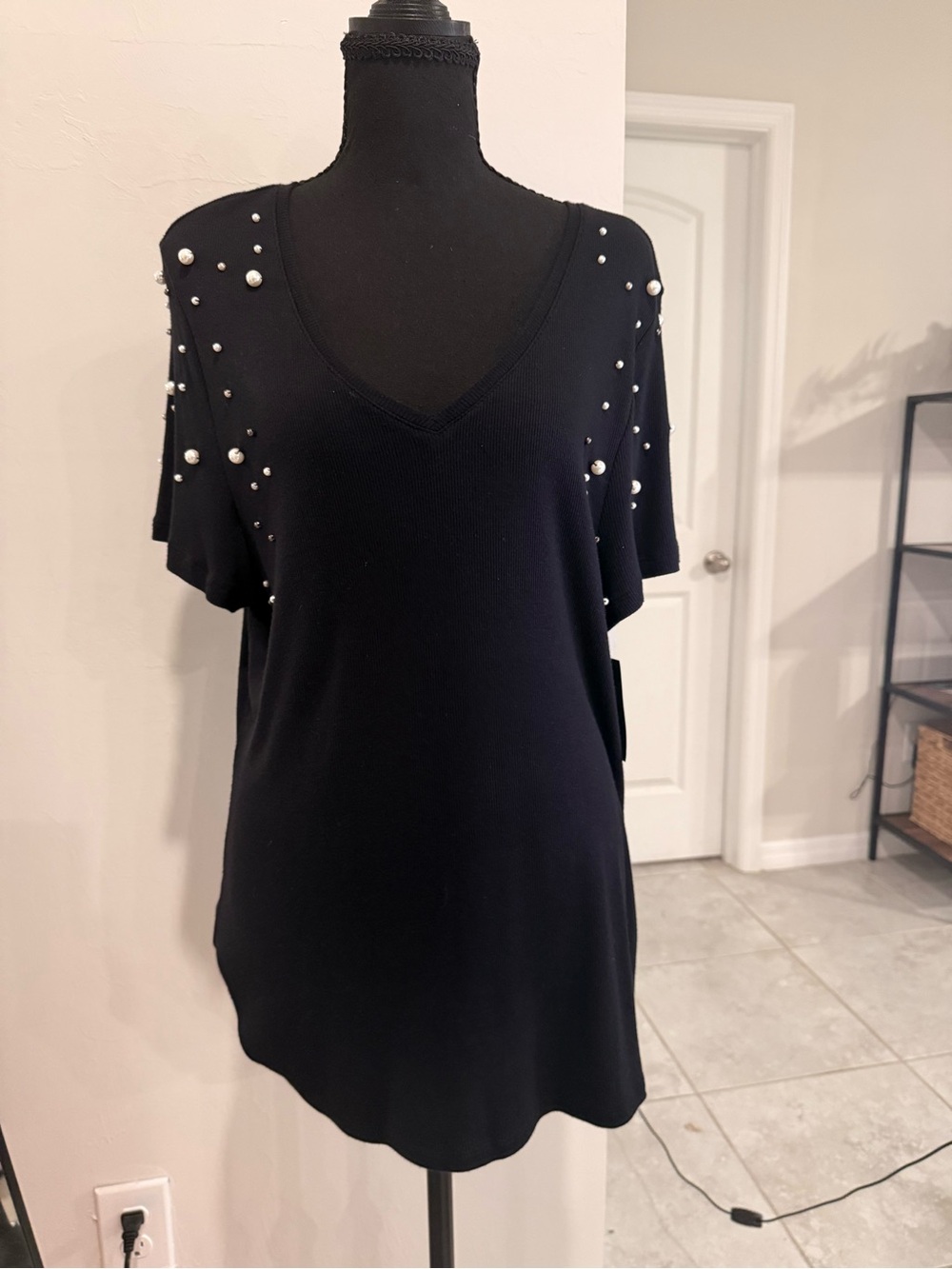 INC International Concepts Black V-Neck Short Sleeve Top with Pearl Studs